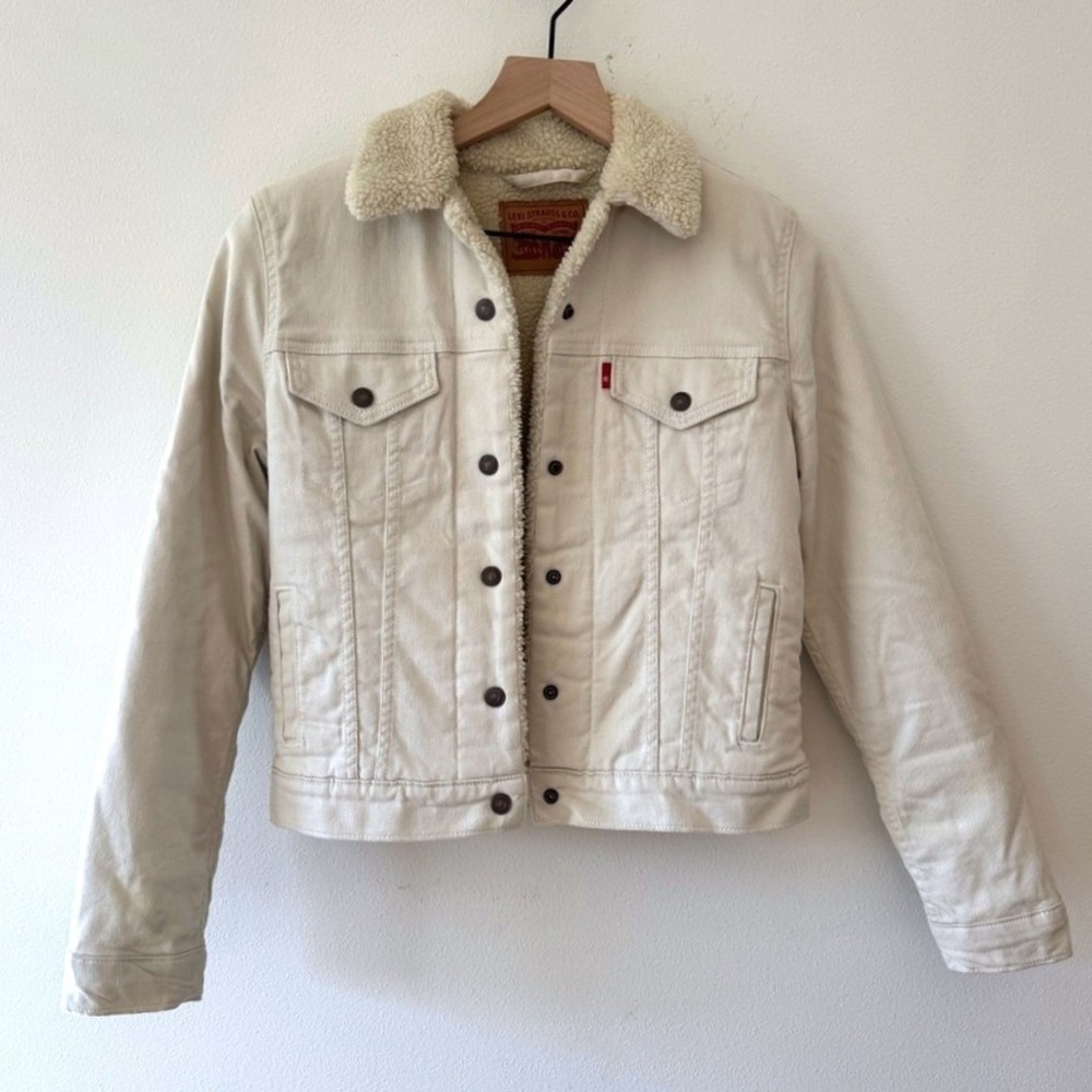 Levi‎ Strauss Co. Sherpa Lined Denim Trucker Jacket Cream Beige Womens XS